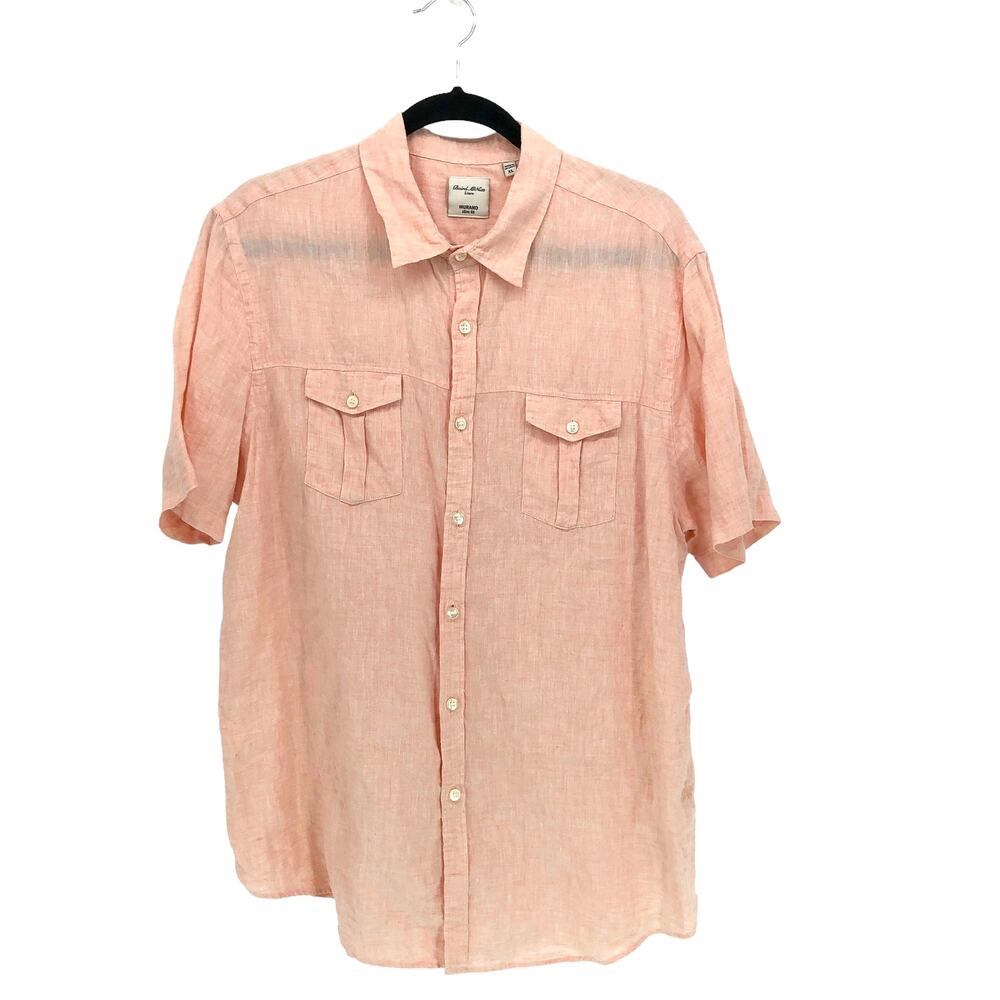 Baird McNutt Linen Shirt Mens XL Murano Short Sleeve Slim Fit Pockets Peach Pink